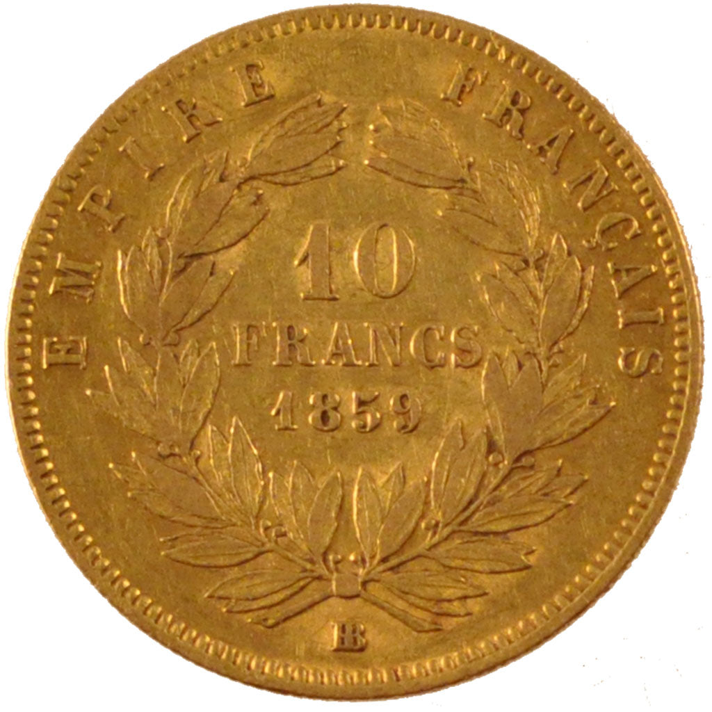 FRANCE, Napoléon III, 10 Francs, 1859, Strasbourg, KM #784.4, AU(50-53), Gold, G