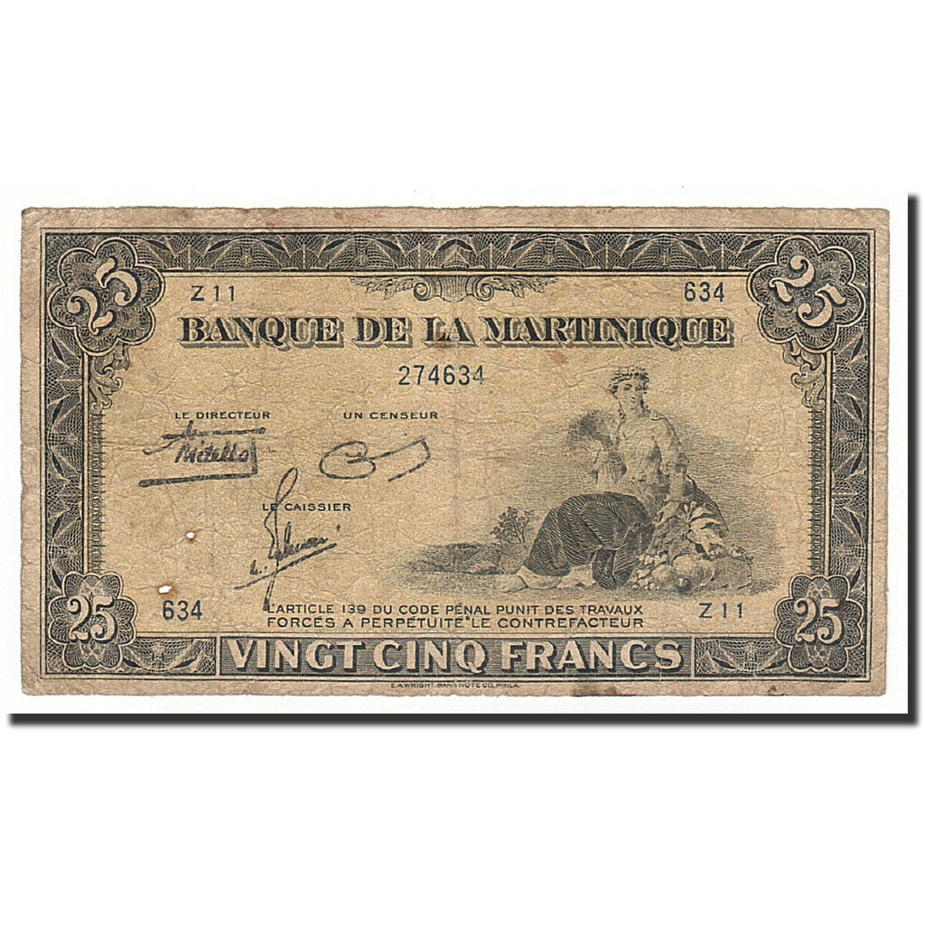 Banknote, Martinique, 25 Francs, 1943-1945, VG(8-10), KM:17