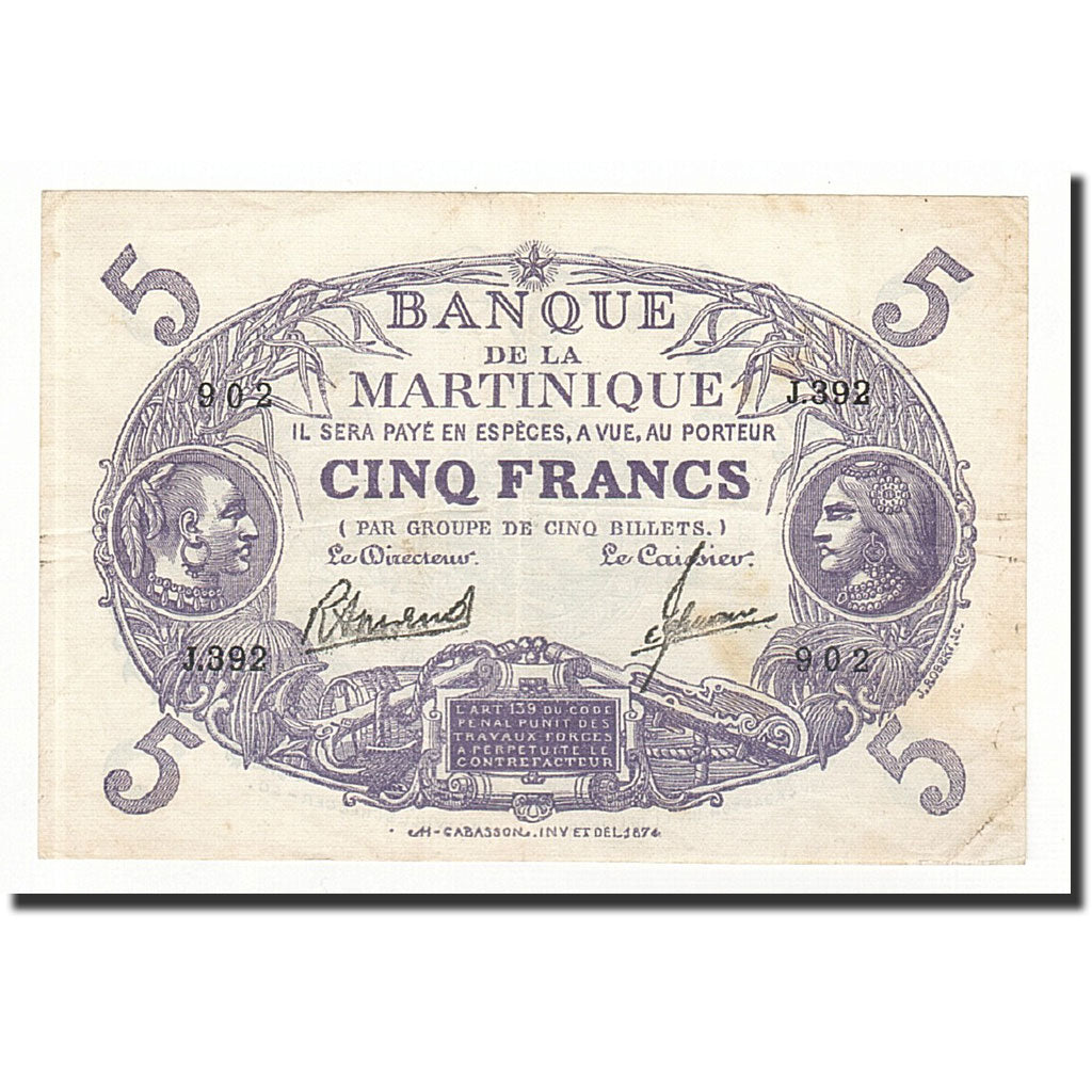 Billete, Martinica, 5 Francs, 1934-45, MBC+, KM:6