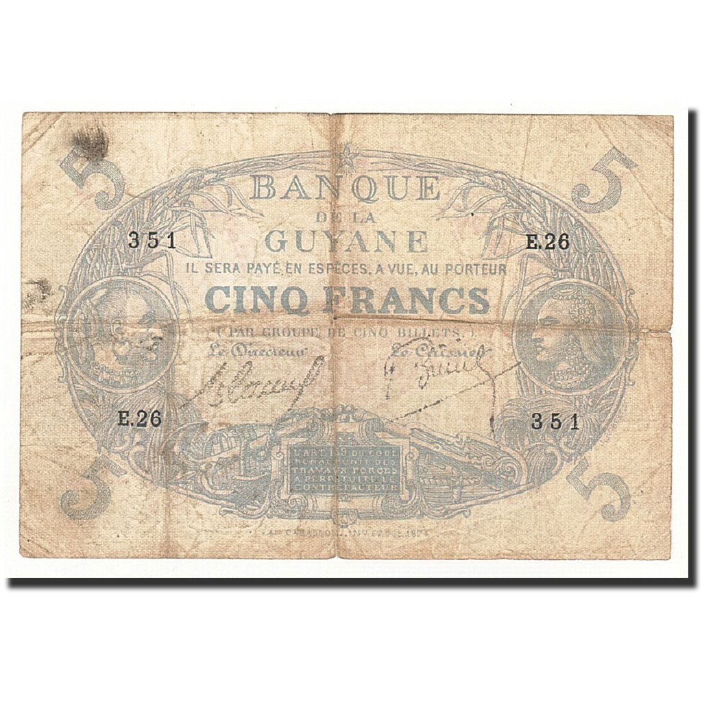 FRENCH GUIANA, 5 Francs, 1922-1947, KM:1c, VG(8-10)
