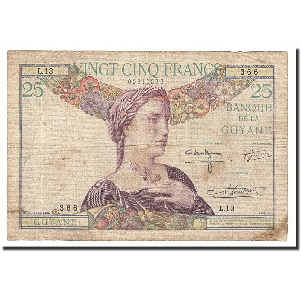 FRENCH GUIANA, 25 Francs, 1933-1945, KM:7, VG(8-10)