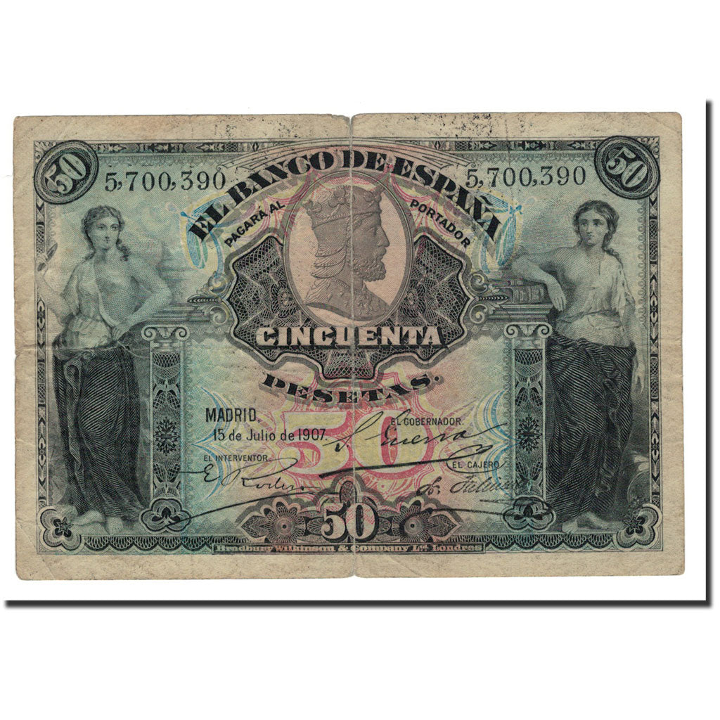 Spain, 50 Pesetas, 1907, KM:63a, 1907-07-15, VG(8-10)