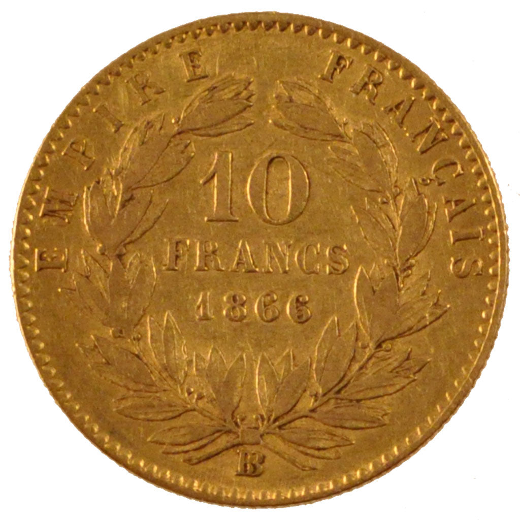 FRANCE, Napoléon III, 10 Francs, 1866, Strasbourg, KM #800.2, EF(40-45), Gold, G