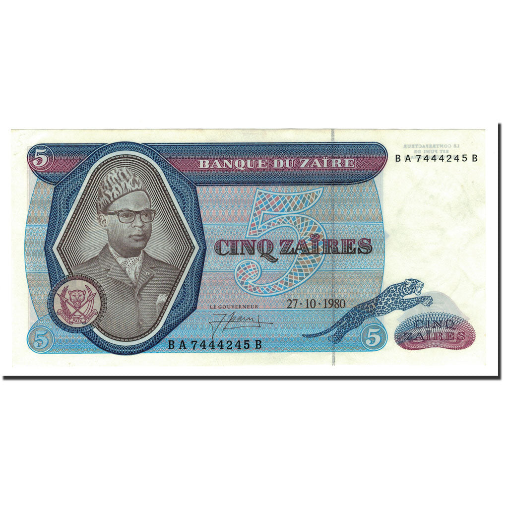 Billet, Zaïre, 5 Zaïres, 1971-1980, 1980-10-27, KM:22b, SPL+