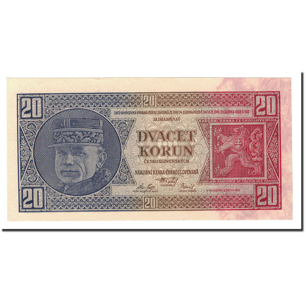 Banknote, Czechoslovakia, 20 Korun, 1926, 1926-10-01, KM:21a, UNC(65-70)
