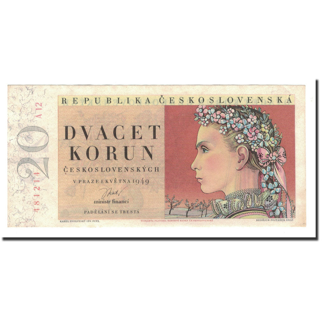 Banknote, Czechoslovakia, 20 Korun, 1949, 1949-05-01, KM:70a, UNC(65-70)