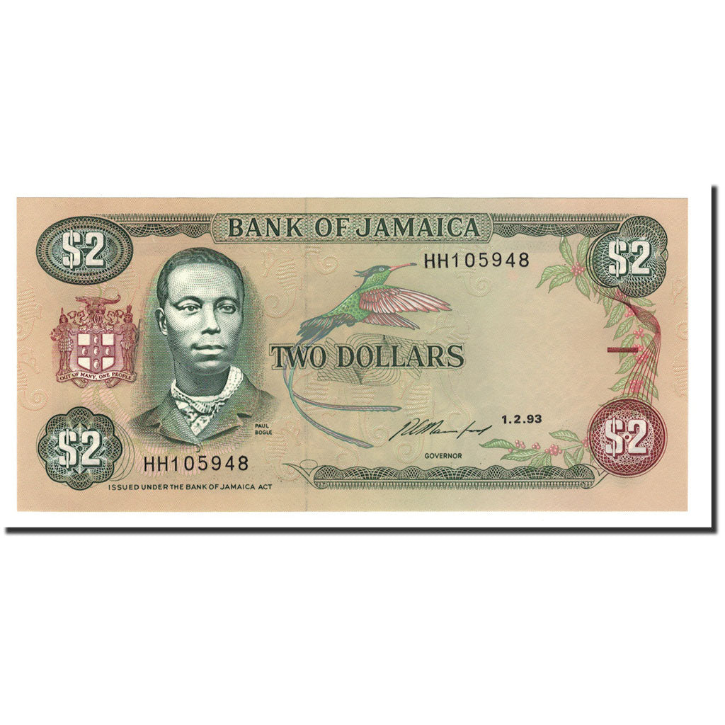 Billet, Jamaica, 2 Dollars, 1993, 1993-02-01, KM:69e, NEUF