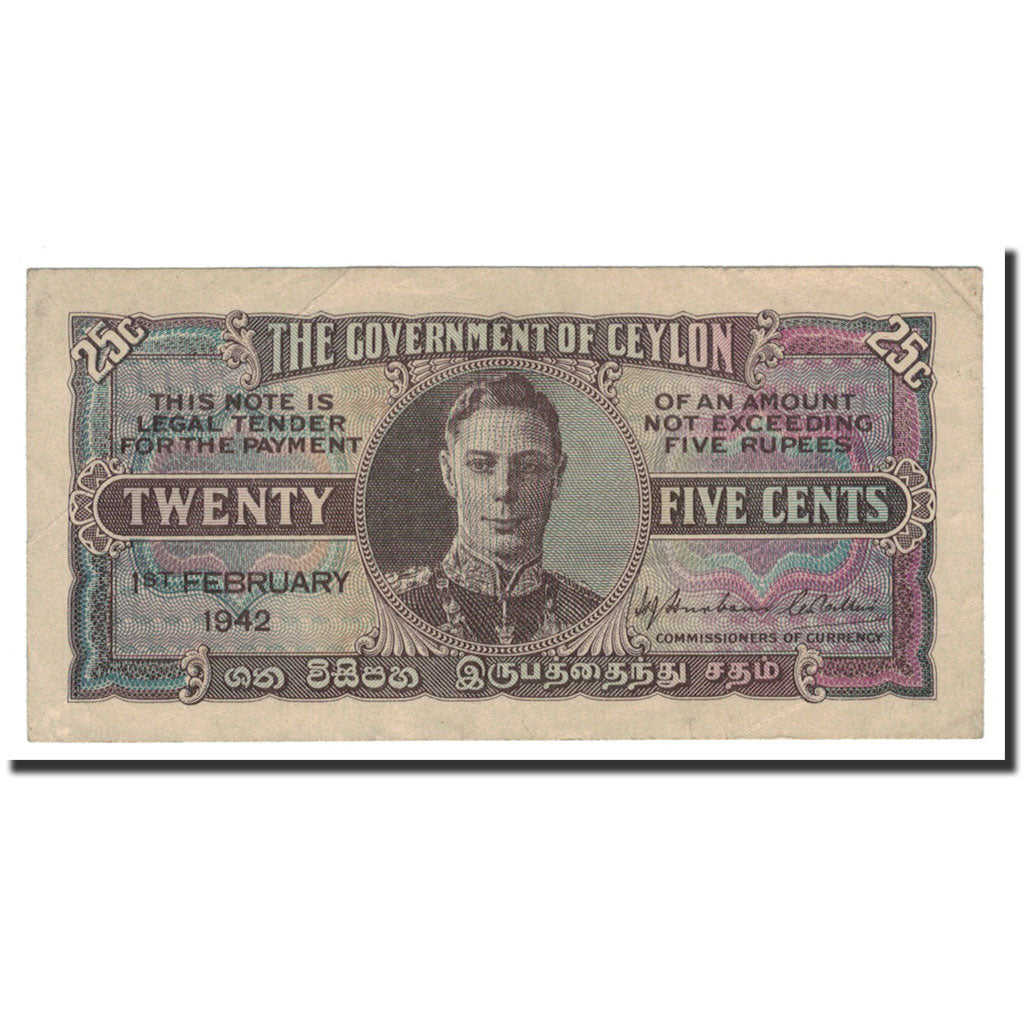 Ceylon, 25 Cents, 1942, 1942-02-01, KM:44a, EF(40-45)