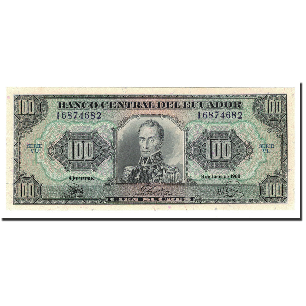 Banknote, Ecuador, 100 Sucres, 1988, 1988-06-08, KM:123Aa, UNC(65-70)