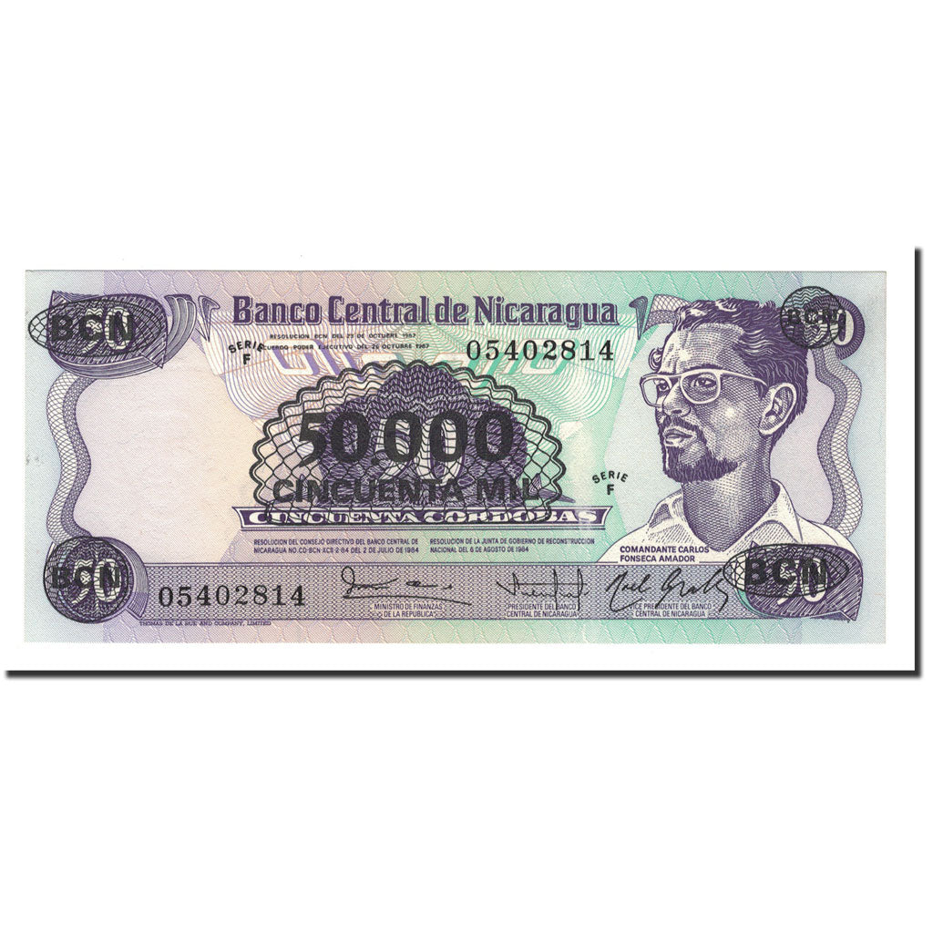 Banknote, Nicaragua, 50,000 Córdobas on 50 Córdobas, 1987, KM:148, UNC(65-70)