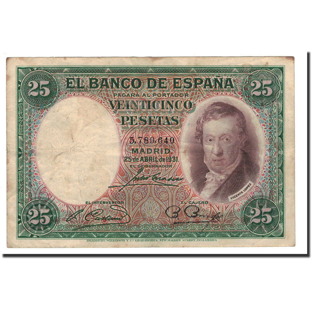 Banconote, Spagna, 25 Pesetas, 1931, KM:81, 1931-04-25, MB+