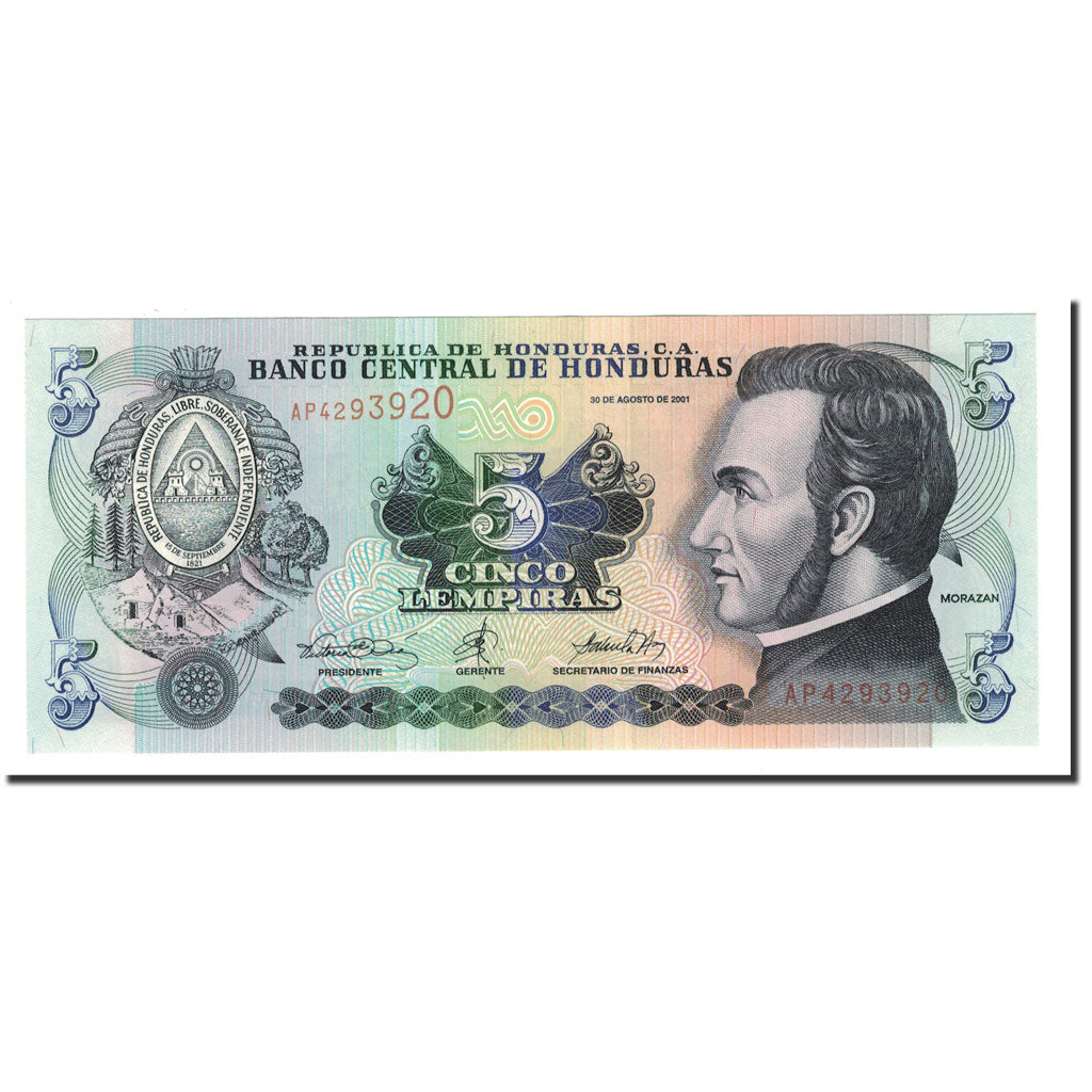 Banknote, Honduras, 5 Lempiras, 2001, 2001-08-30, KM:85b, UNC(65-70)