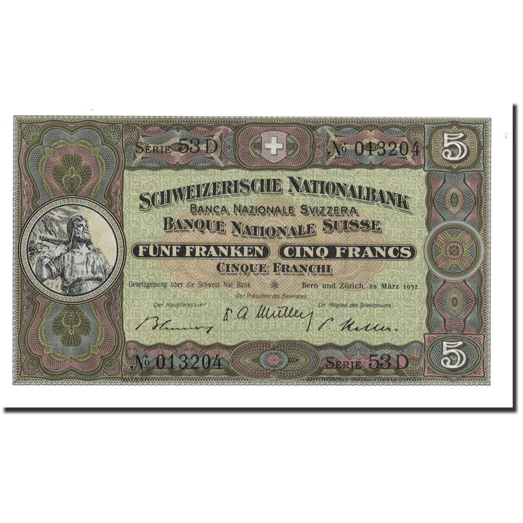 Banknote, Switzerland, 5 Franken, 1911-1914, 1952, KM:11p, UNC(65-70)