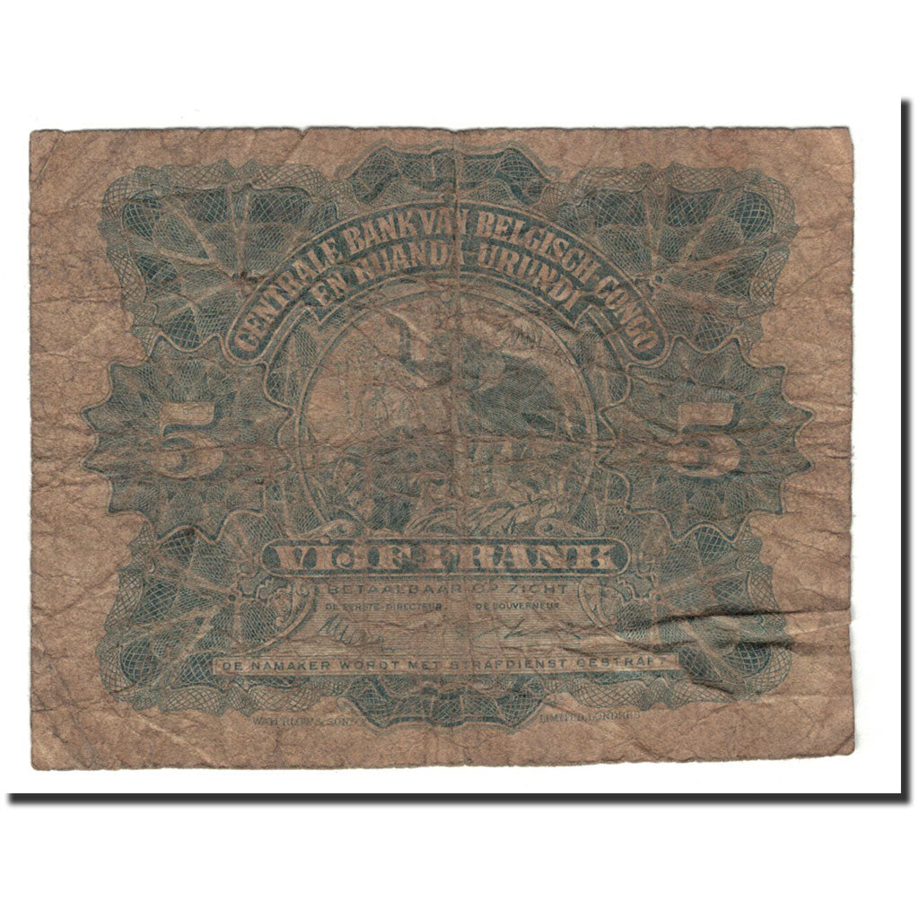 Belgian Congo, 5 Francs, 1953, KM:21, 1953-09-15, VG(8-10)