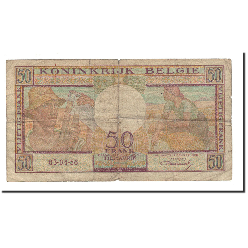 Belgium, 50 Francs, 1956, KM:133b, 1956-04-03, VG(8-10)