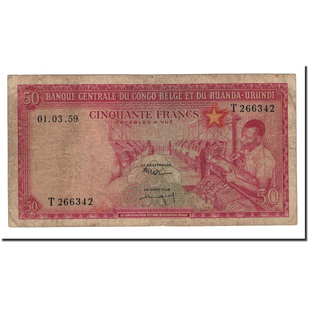 Belgian Congo, 50 Francs, 1957-59, KM:32, 1959-03-01, VG(8-10)