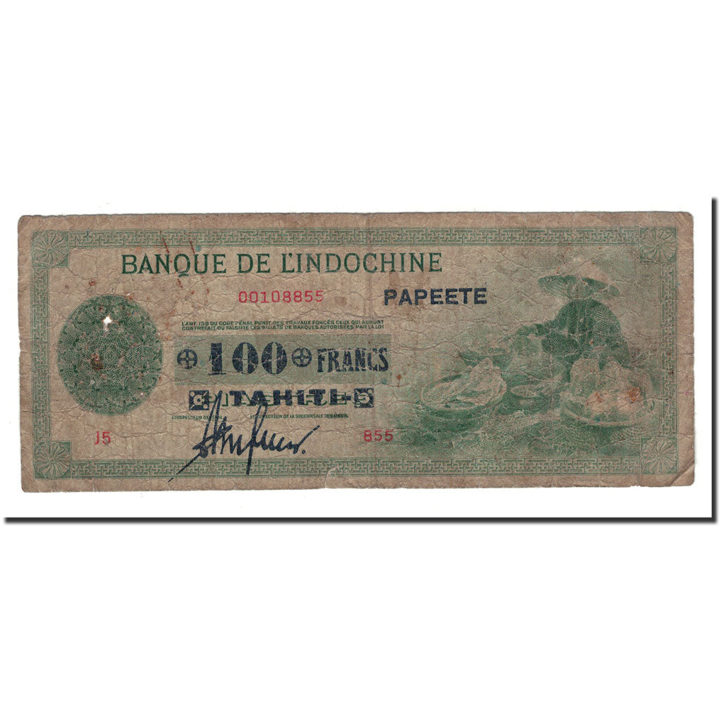 Tahiti, 100 Francs on 50 Piastres, Undated (1943), KM:17a, VG(8-10)