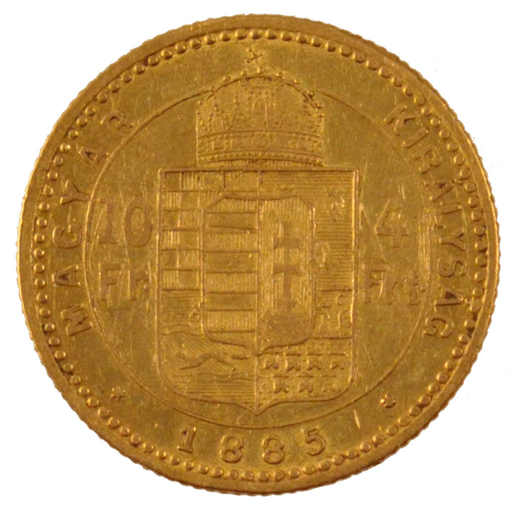 HUNGARY, 4 Forint 10 Francs, 1885, KM #466, MS(60-62), Gold, 3.18