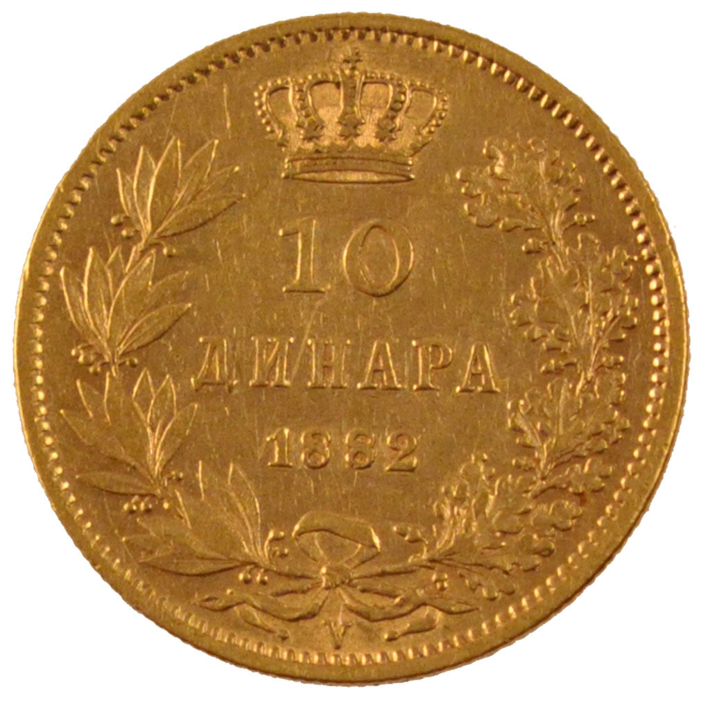SERBIA, 10 Dinara, 1882, Vienne, KM #16, AU(50-53), Gold, 3.18