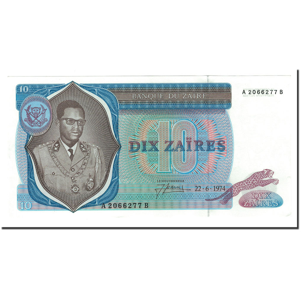 Billet, Zaïre, 10 Zaïres, 1972-77, 1974-06-22, KM:23a, SPL+
