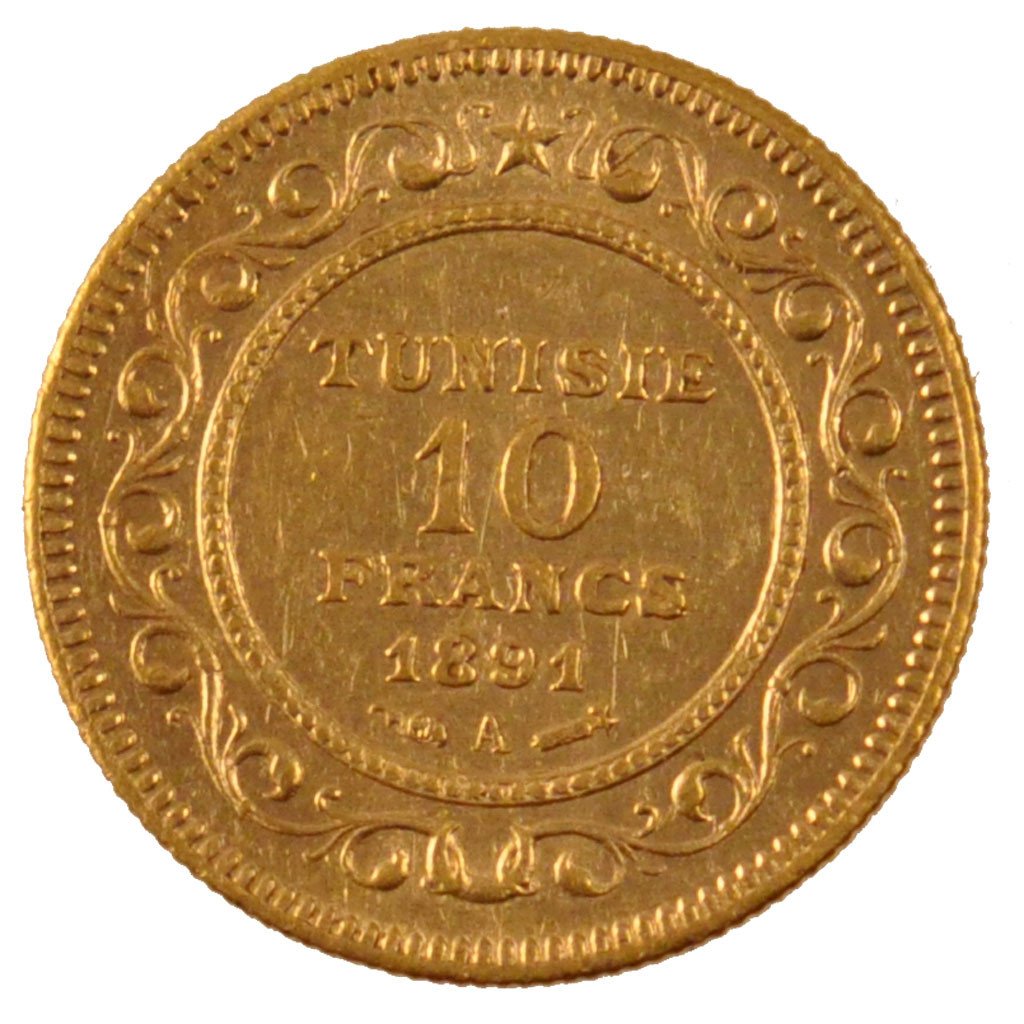 TUNISIA, 10 Francs, 1891, Paris, KM #226, AU(55-58), Gold, Lecompte #404, 3.21