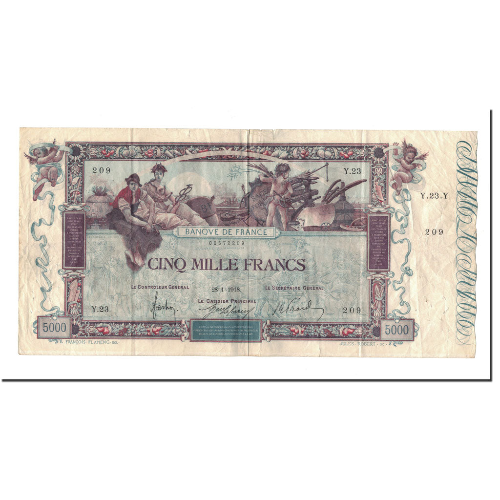 France, 5000 Francs, 5 000 F 1918 ''Flameng'', 1918, 1918-01-28, VF(20-25)