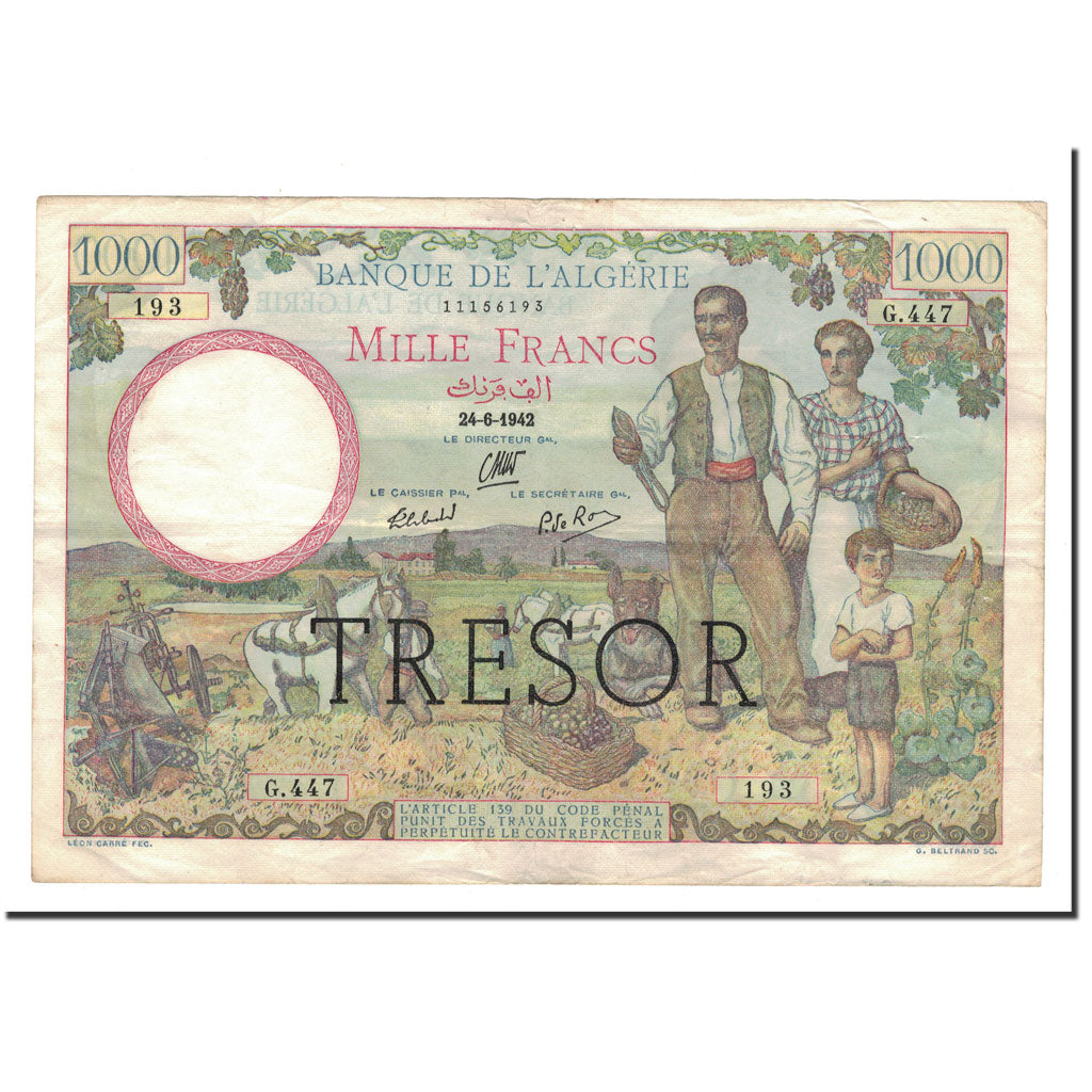 Banknote, Algeria, 1000 Francs, 1942, 1942-06-24, KM:89, EF(40-45), Fayette:VF