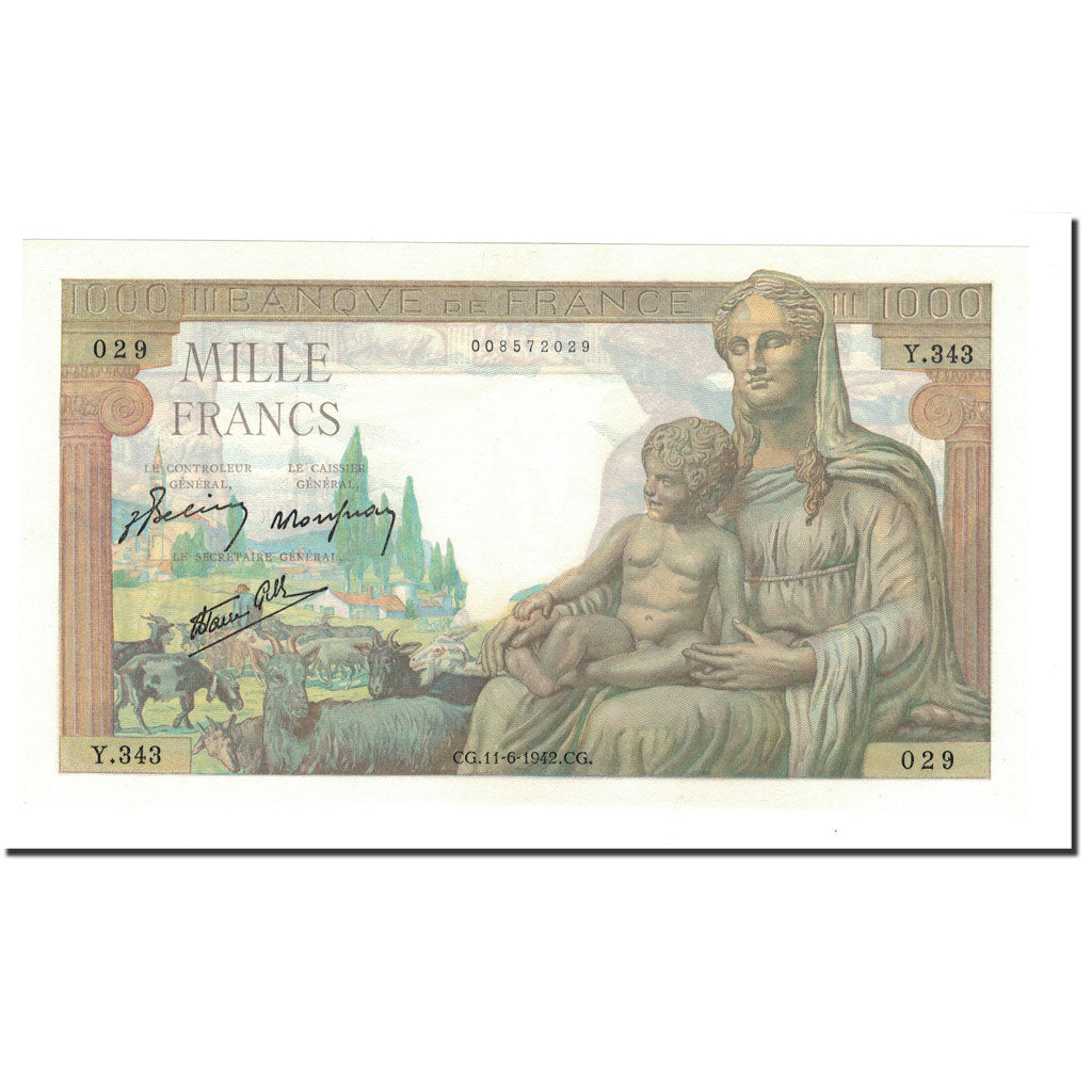 Francia, 1000 Francs, 1942, 1942-06-11, SC+, Fayette:F 40.2), KM:102