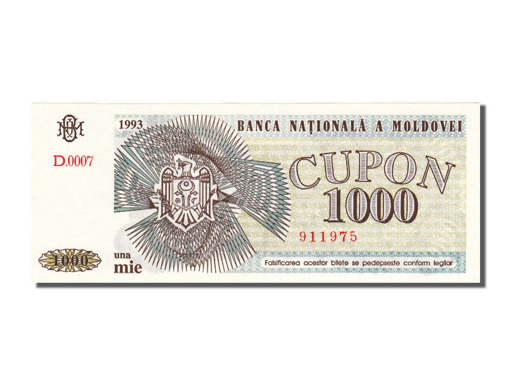 Biljet, Moldova, 1000 Cupon, 1992, NIEUW