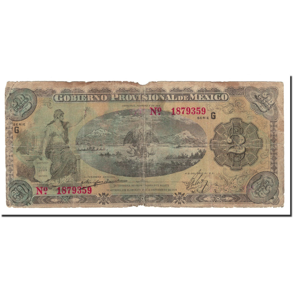 Banknote, Mexico - Revolutionary, 2 Pesos, 1915, KM:S1102b, VG(8-10)