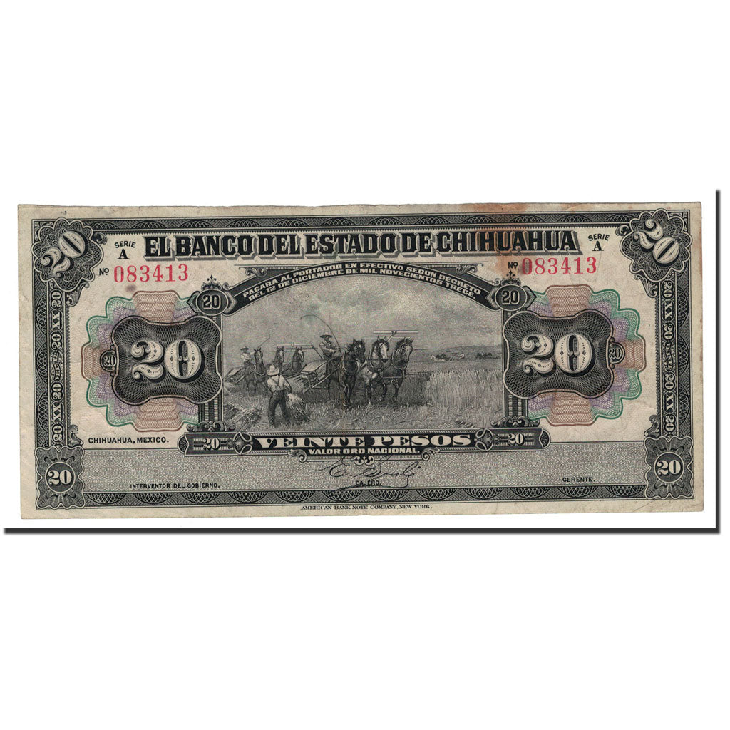 Banknote, Mexico, 20 Pesos, D. 1913, KM:S134a, VF(20-25)