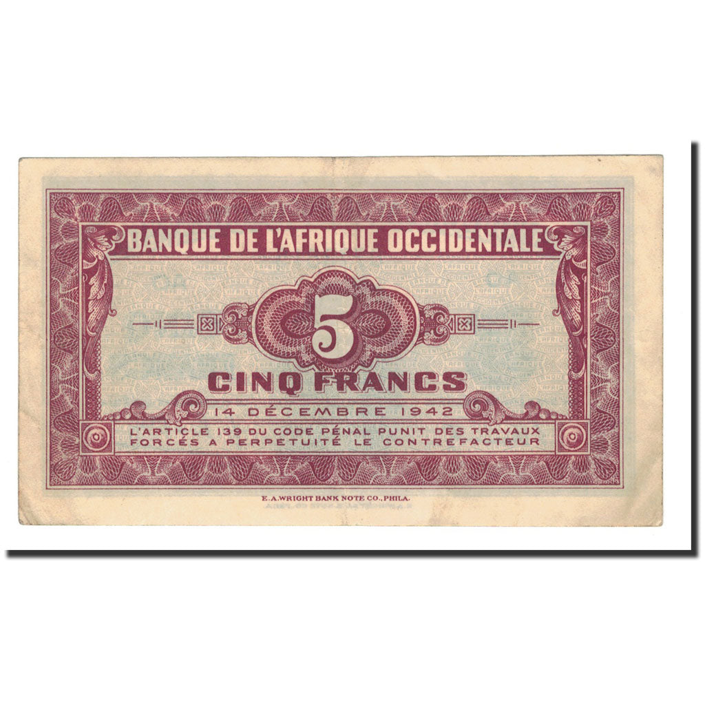 Geldschein, French West Africa, 5 Francs, 1942, 1942-12-14, KM:28b, SS+