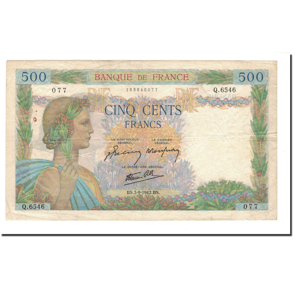 France, 500 Francs, 1942, 1942-09-03, VF(20-25), Fayette:32.39, KM:95b