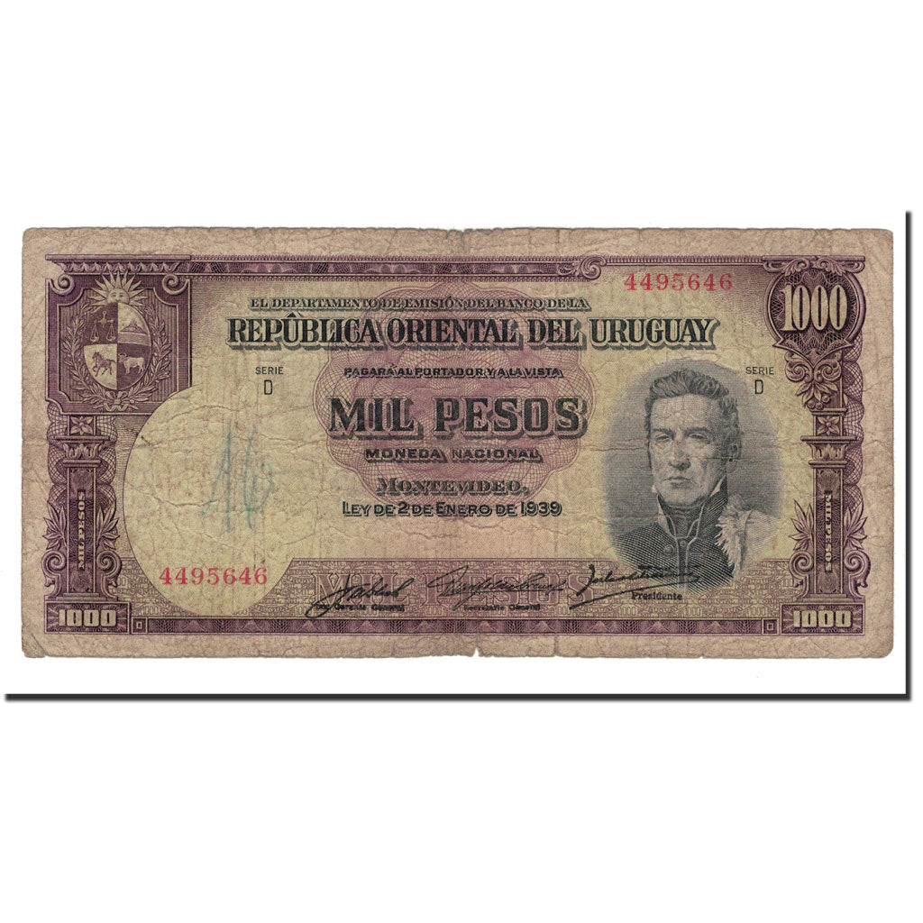 Banknote, Uruguay, 1000 Pesos, L.1939, KM:45, VG(8-10)