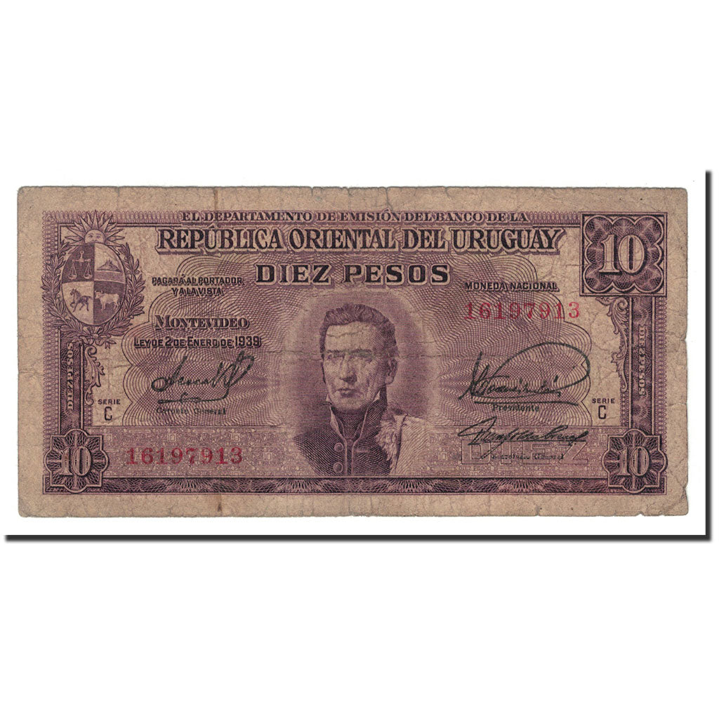 Banknote, Uruguay, 10 Pesos, L.1939, 1967, KM:42a, VG(8-10)