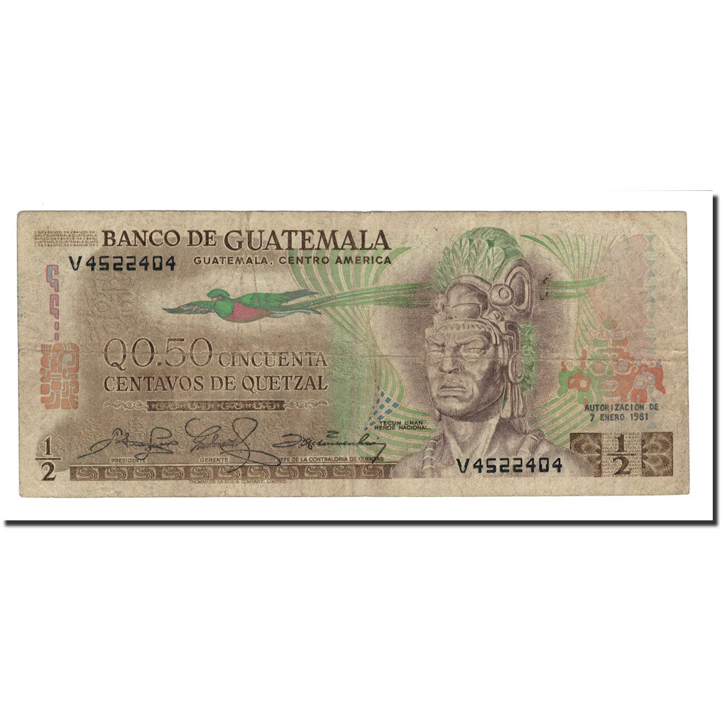 Banknote, Guatemala, 1/2 Quetzal, 1972-83, 1981-01-07, KM:58c, VG(8-10)