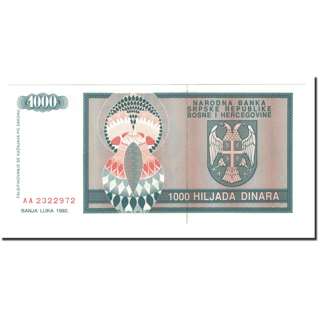 Banknote, Bosnia - Herzegovina, 1000 Dinara, 1992, KM:137a, UNC(65-70)