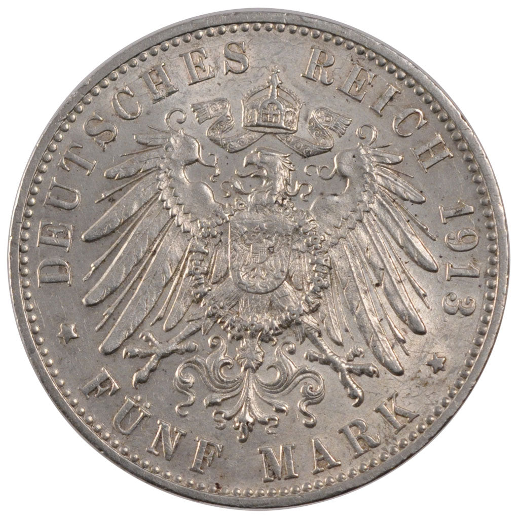 GERMAN STATES, 5 Mark, 1913, Freudenstadt, KM #632, AU(55-58), Silver, 38, 27.77
