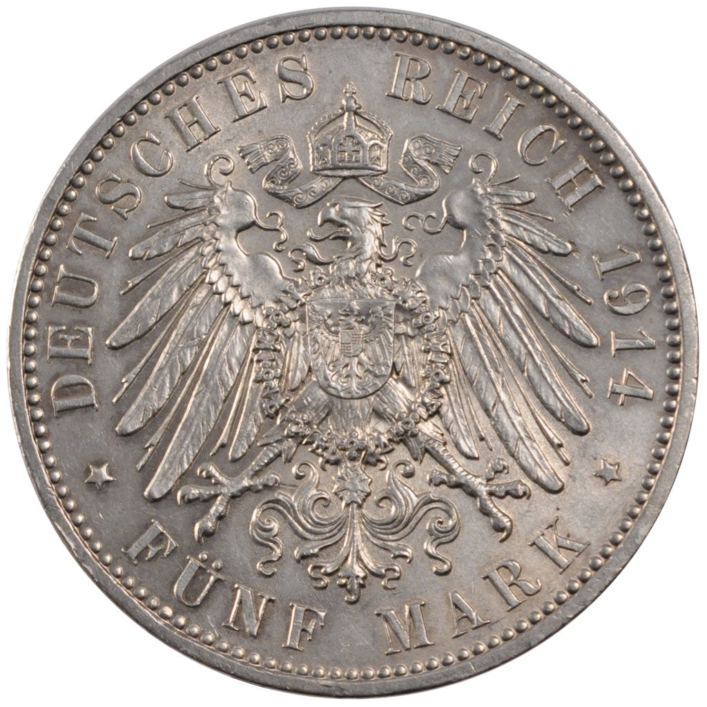 GERMAN STATES, 5 Mark, 1914, Muldenhutten, KM #1266, AU(55-58), Silver, 38,...