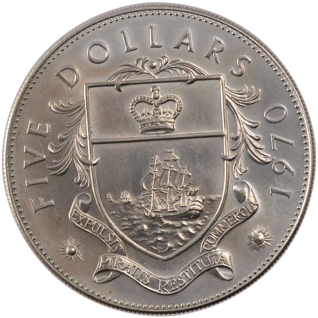BAHAMAS, 5 Dollars, 1970, KM #10, MS(60-62), Silver, 45, 42.12