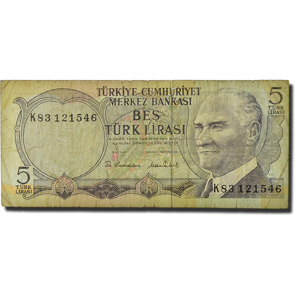 Banconote, Turchia, 5 Lira, L.1970, 1976, KM:185, B