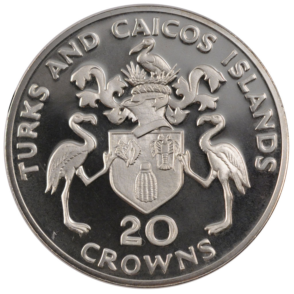 Turk and Caicos Islands, 20 Crowns, 1974, KM #2, MS(60-62), Silver, 38.70