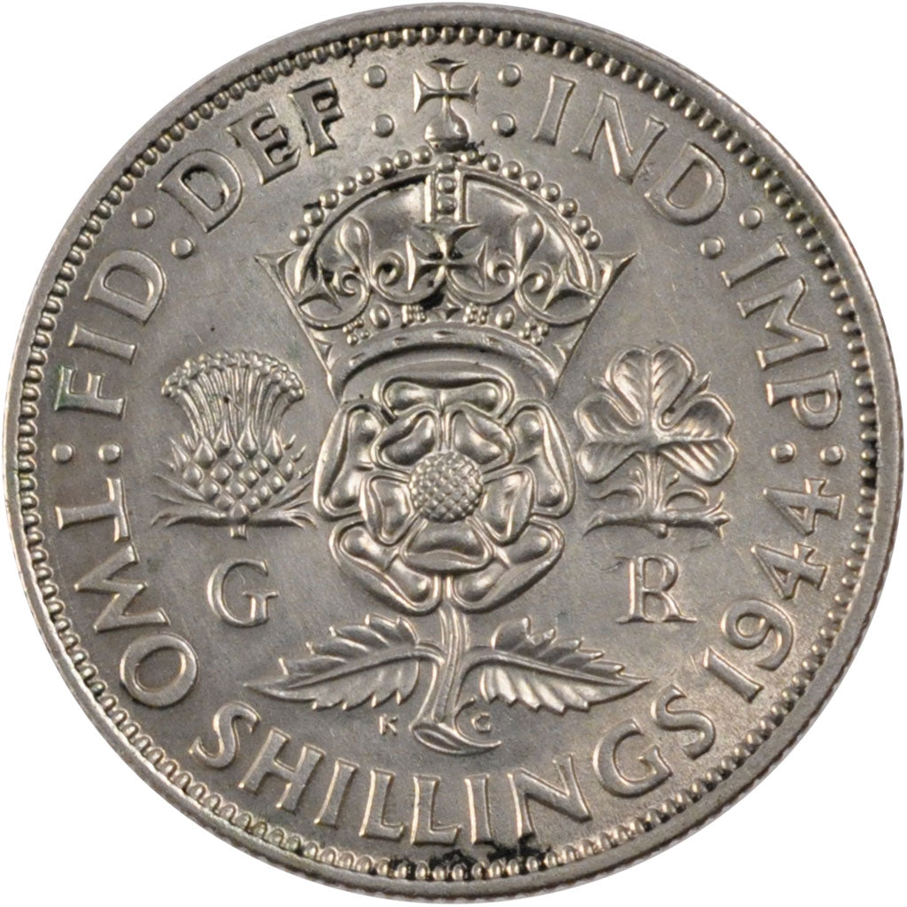 GREAT BRITAIN, Florin, Two Shillings, 1944, KM #855, AU(55-58), Silver, 28.3,...