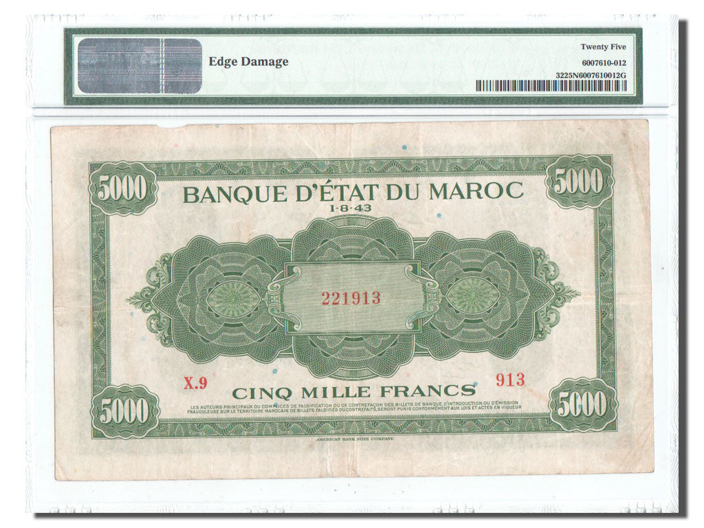 Morocco, 5000 Francs, 1943, KM:32a, PMG VF25