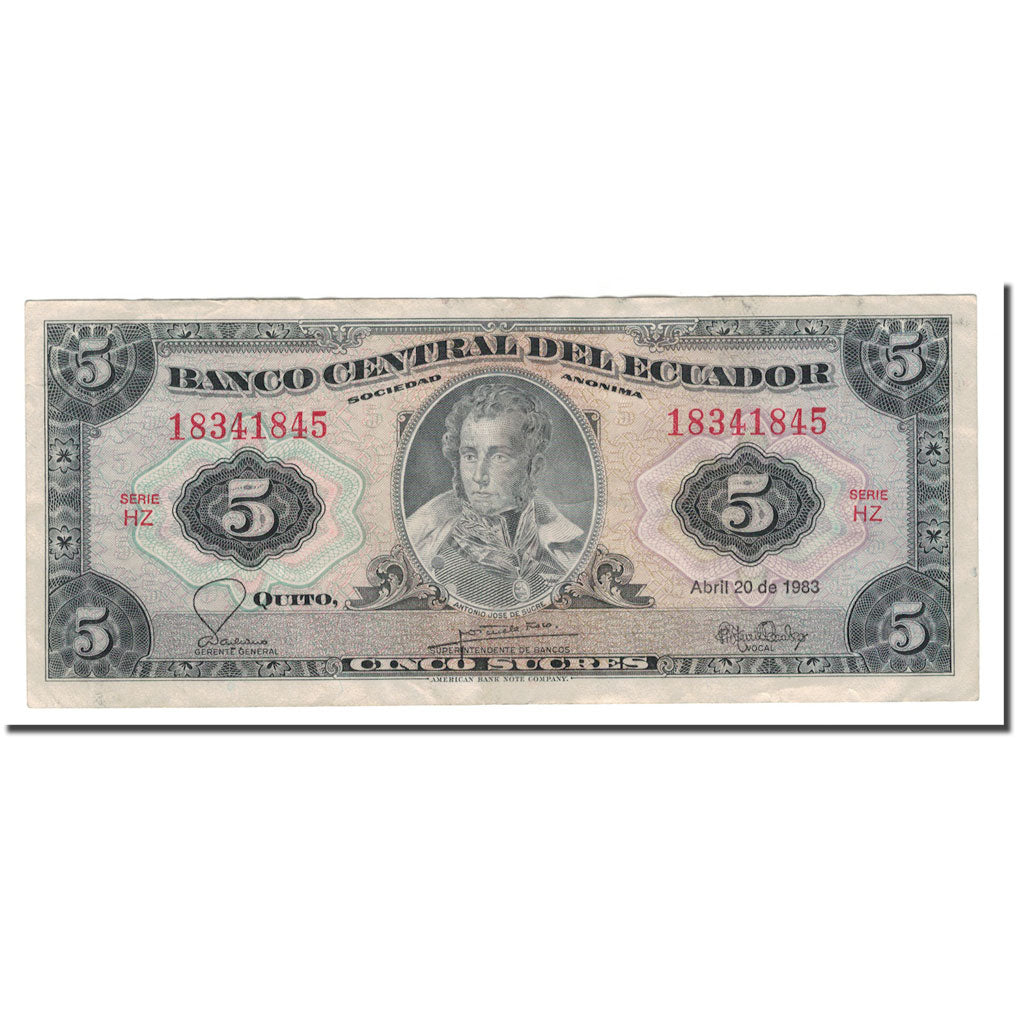 Banknote, Ecuador, 5 Sucres, 1975-83, 1983-04-20, KM:108b, VF(20-25)