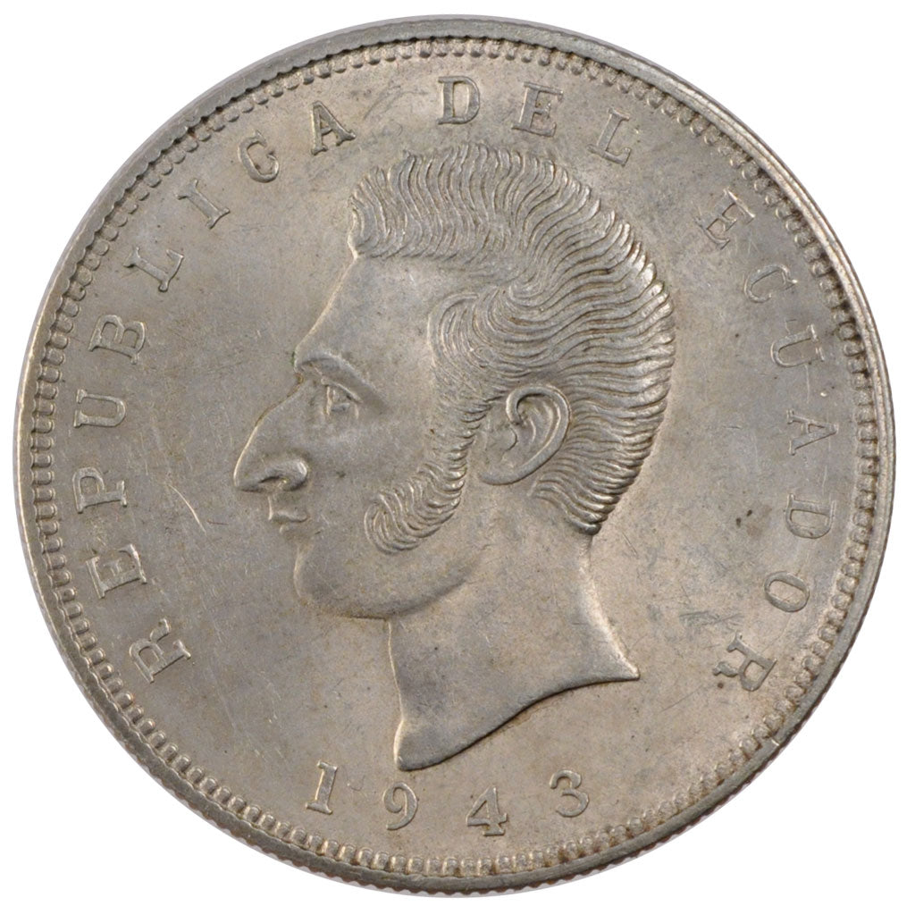 Moneda, Ecuador, 5 Sucres, Cinco, 1943, Mexico City, Mexico, EBC+, Plata, KM:79