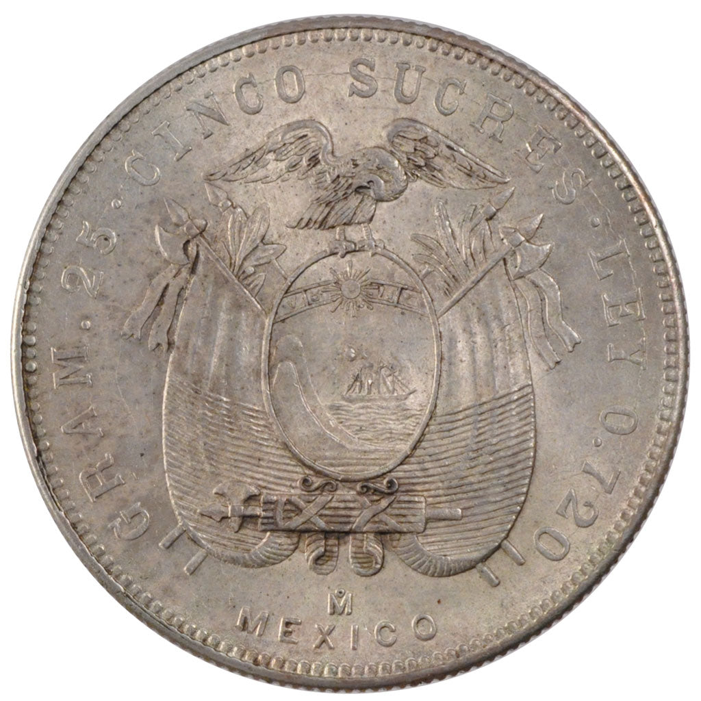 Moneda, Ecuador, 5 Sucres, Cinco, 1943, Mexico City, Mexico, EBC+, Plata, KM:79
