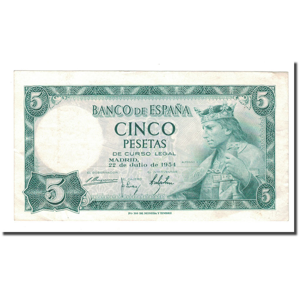 Banknote, Spain, 5 Pesetas, 1954, 1954-07-22, KM:146a, AU(50-53)