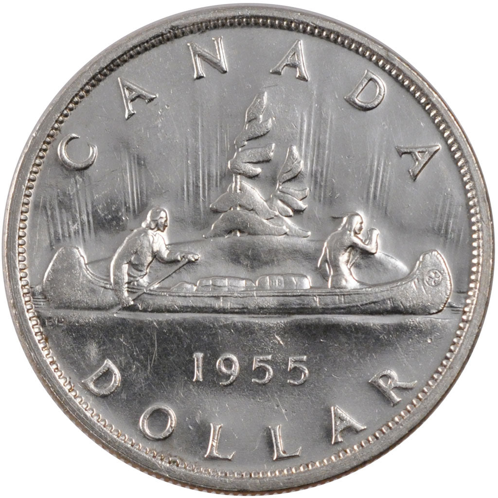 CANADA, Dollar, 1955, Royal Canadian Mint, KM #54, MS(60-62), Silver, 36, 23.32