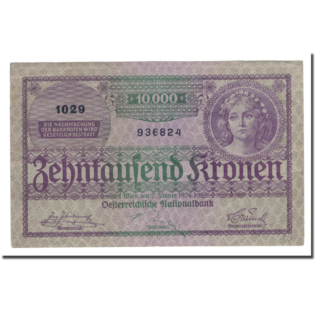 Banknote, Austria, 10,000 Kronen, 1924, 1924-01-02, KM:85, VF(20-25)